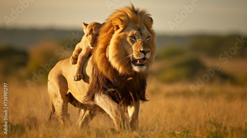 Majestic Lion and Cub in Warm Savannah Light  Emblematic of Wildlife Serenity