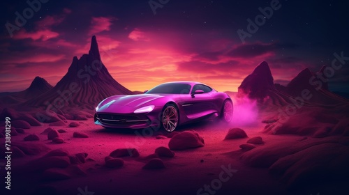 A vibrant purple sports car on an alien planet with mystical mountains