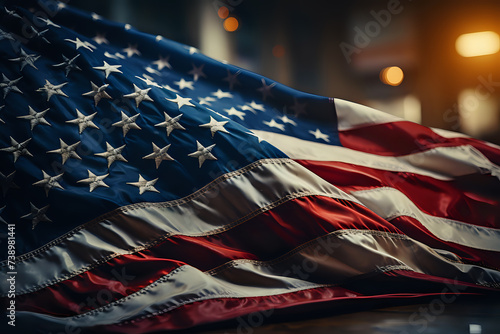 American flag waving with dramatic lighting.The United States flag in a dynamic wave, symbolizing patriotism and national pride. 