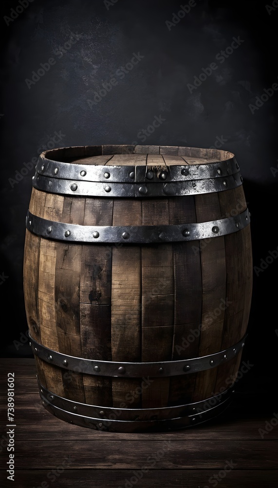 Antique wooden barrel with dark backdrop and metal bands Antique wooden barrel with dark backdrop and metal bands