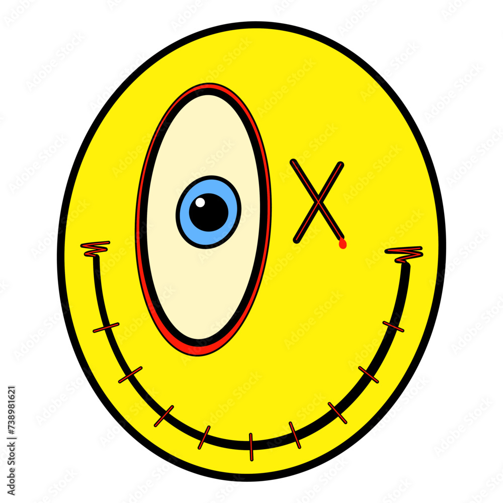 yellow funny smiley face with one blue eye, hand drawn doodles, scribbles