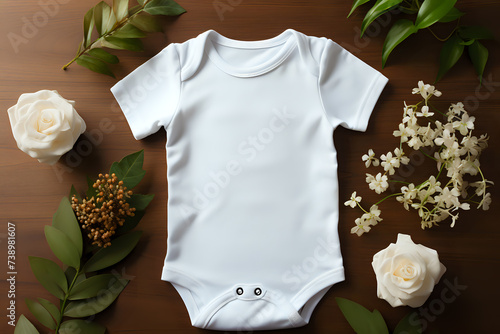 
White baby bodysuit mockup with elegant floral arrangement.

Classic white baby onesie mockup surrounded by delicate flowers, ideal for design templates and babywear catalogs. photo