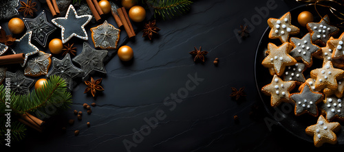  Festive star-shaped gingerbread cookies on dark slate.Elegant Christmas gingerbread stars on dark background, ideal for holiday season content. 