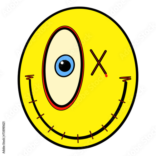 Obraz na płótnie yellow funny smiley face with one blue eye, hand drawn doodles, scribbles w salonie