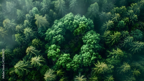 An overhead view of a young green spruce top in a forest growing in a circle. Summer landscape of healthy trees, environmental protection and biodiversity