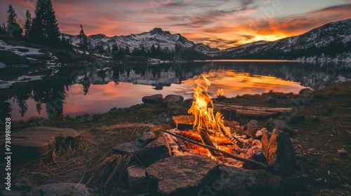 majestic landscape with a large campfire on the ground next to a lake and large mountains on a sunset