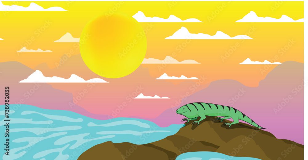 lizard illustration with sunset background