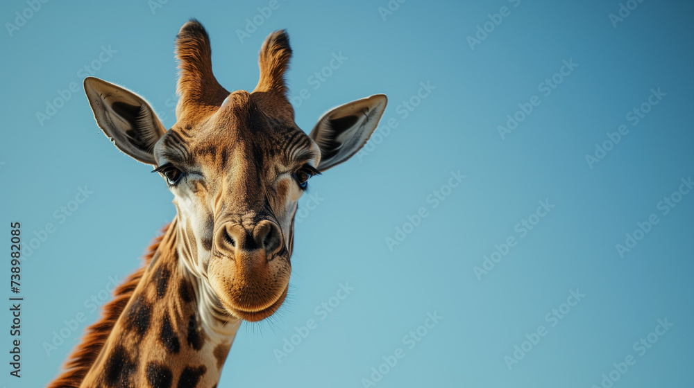 Fototapeta premium Cool Giraffe on Clear Blue Sky - Travel Summer Holiday Background with Copy Space