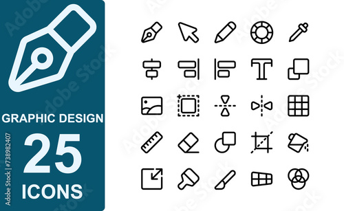 icon set graphic design tools.thick outline style.contains artboard,flip vertical,flip horizontal,mirror tool,grid,ruler,eraser,shape,cut.vector illustration