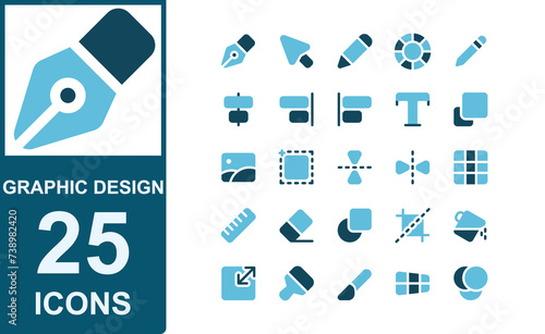 graphic design tool set icon. duo tone style. flat blue. contains pen, pencil, cursor, move tool, color circle, color picker. suitable for your web design.