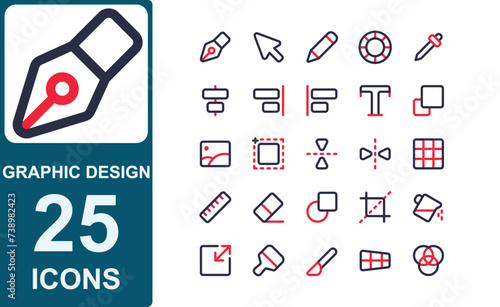 graphic design tool icon set with 2 line color modern style. contains pen,pencil,cursor,move tool,color circle,flip vertical,flip horizontal,mirror tool,grid,ruler,eraser,shape.