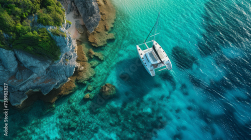 Fotografia White luxury catamaran docks at an island