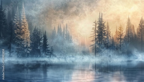 a lake filled with mist and frozen trees at night Generative AI