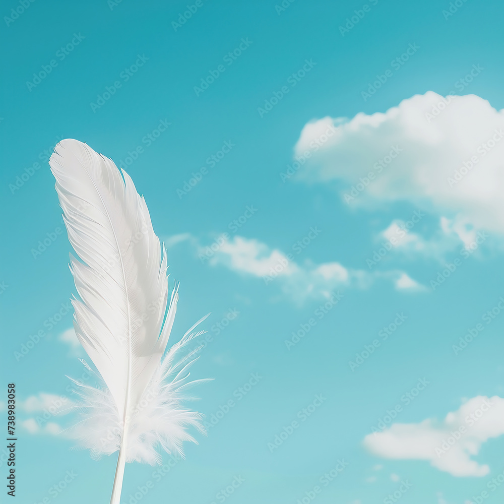 Feather on the blue sky background. 3d illustration. Copy space.