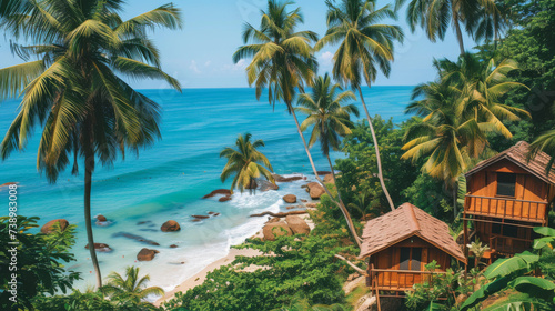 Small huts on the beach in the Caribbean with palm trees around them