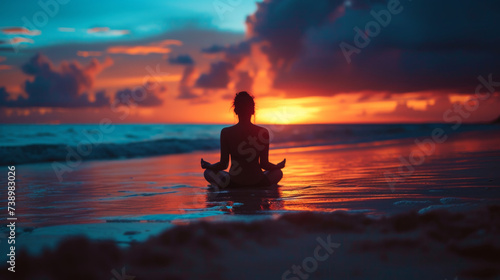 A woman sits on the beach at sunset and meditates