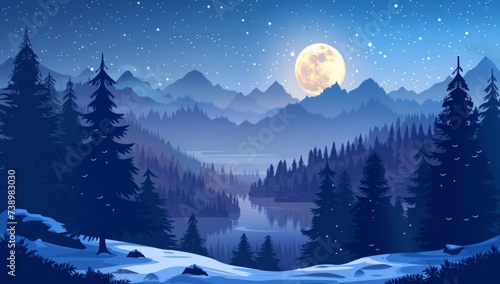 a forest and snowy landscape with a moon and a lake Generative AI