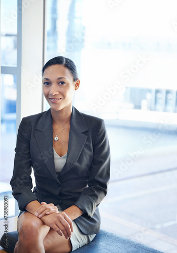 Free Download African woman, portrait and sitting in lobby for business interview, career and office job. Female recruit, smiling and professional for corporate, industrial work and future employee for company - GFXLoad