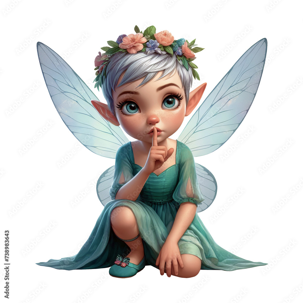 A cute Fairy with translucent wings kneeling on a flat surface isolated on a transparent background A cute Fairy with translucent wings kneeling on a flat surface isolated on a transparent background