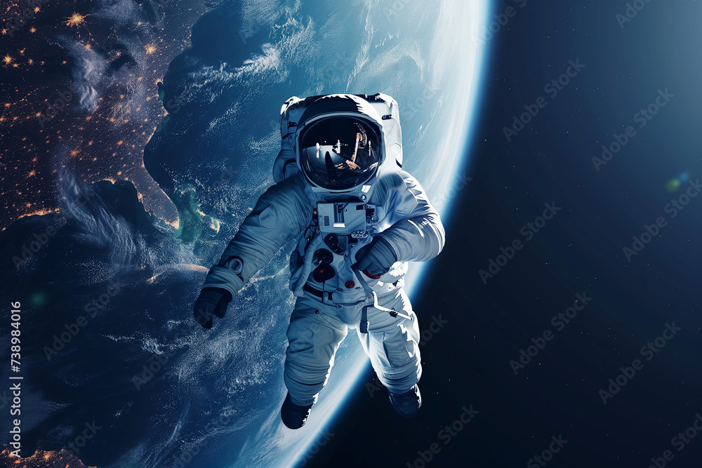 Astronaut Floating in Space Above Planet Earth, Spaceflight of a Person Observing the World from Outside the Planet