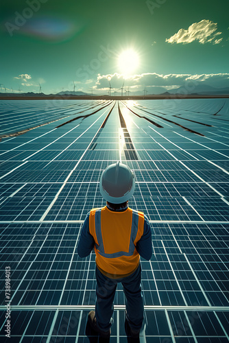 Professional engineer in hard hat inspecting solar panels, sustainability and renewable energy concept, clear blue sky background.