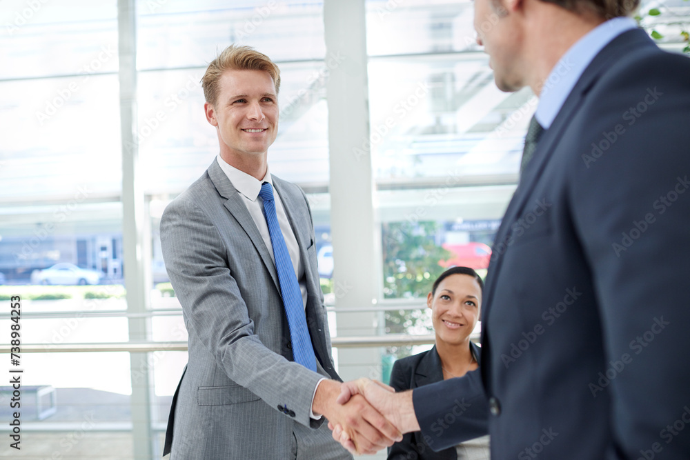 Shaking hands, meeting and business men in office for agreement, partnership or collaboration. Smile, deal and professional male people with handshake for onboarding or hiring welcome in workplace. Shaking hands, meeting and business men in office for agreement, partnership or collaboration. Smile, deal and professional male people with handshake for onboarding or hiring welcome in workplace.