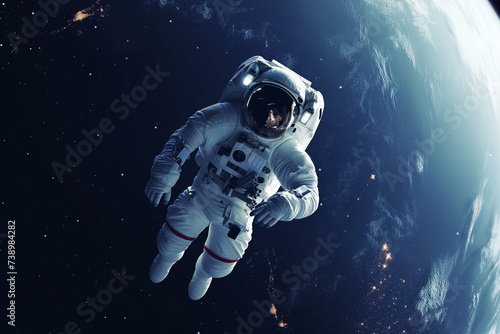 Astronaut Floating in Space Above Planet Earth  View of the World and its Oceans Seen from Outer Space by a Spaceman