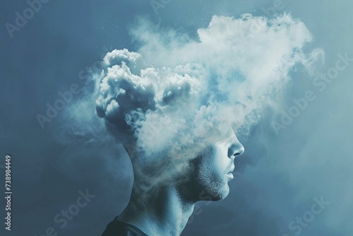 Cognitive Haze: Side Profile of Man with Brain Fog - Dual Tone in Blue and White Evoking Mental Turbulence, Abstract Portrait of Mind's Struggle