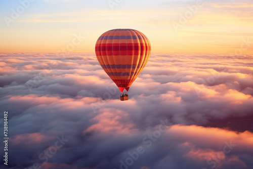 Colorful hot air balloon floats over a sea of clouds at sunset © Dmitry Rukhlenko