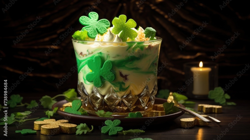 St. Patrick's Day cake with green whipped cream decorated clover. baking for a party, birthday. Close up. Festive food. St. Patrick's Day cake with green whipped cream decorated clover. baking for a party, birthday. Close up. Festive food.