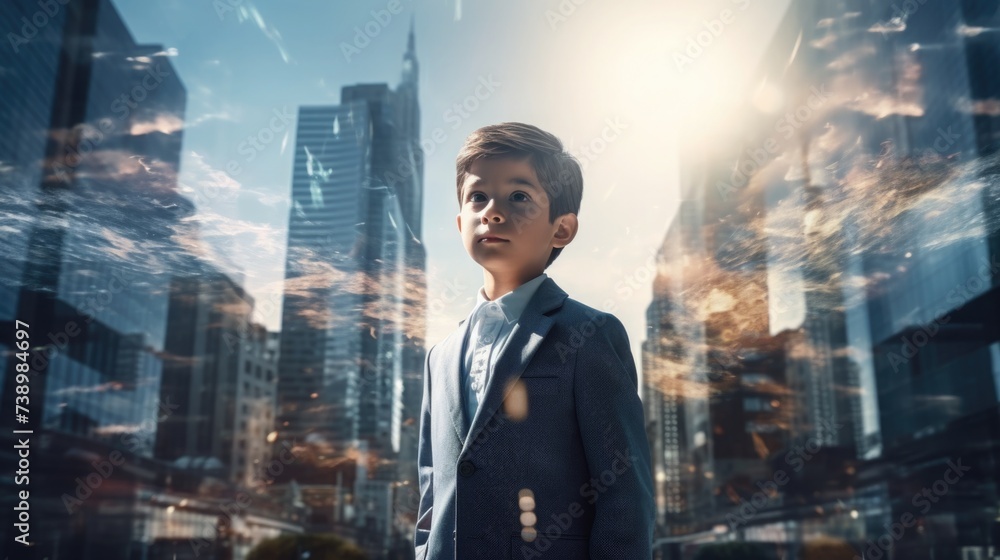 confident young boy, child in a business suit on the background of office buildings. businessman in a white shirt