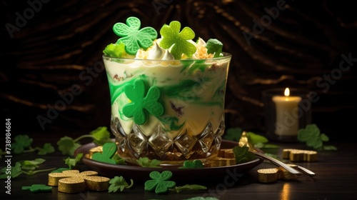 St. Patrick's Day cake with green whipped cream decorated clover. baking for a party, birthday. Close up. Festive food.