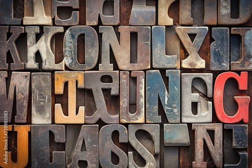 A detailed view of an arrangement of metal type, showcasing the intricate shapes and characters. photo