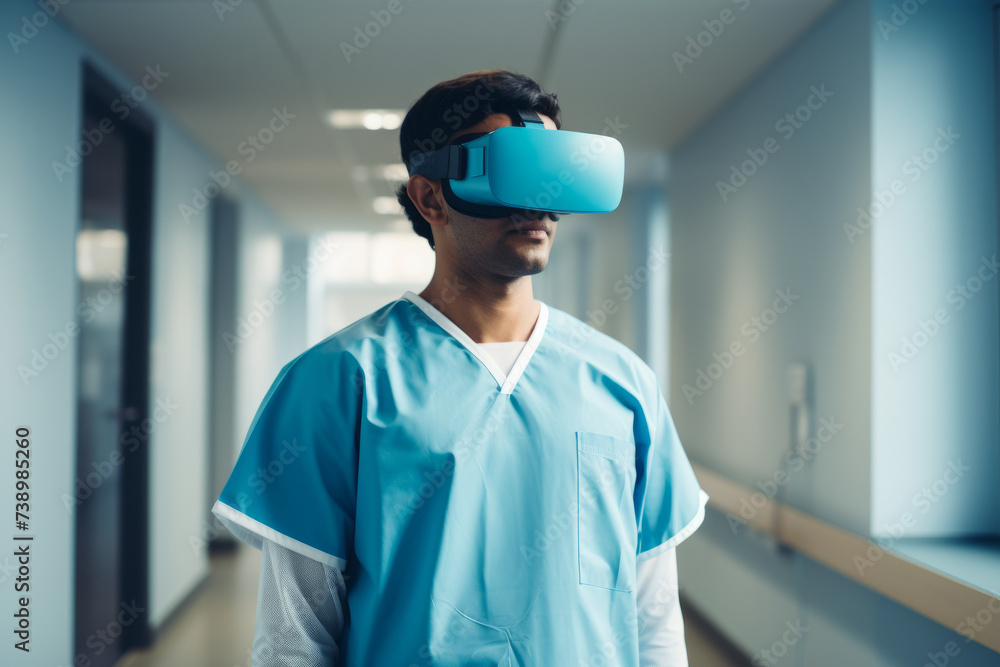 A doctor or nurse healthcare worker wearing VR virtual reality headsets in a hospital A doctor or nurse healthcare worker wearing VR virtual reality headsets in a hospital