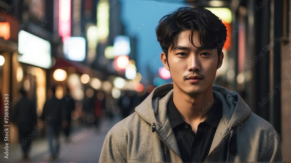 Handsome beautiful young korean guy looking like an idol in casual street background from Generative AI - obrazy, fototapety, plakaty 