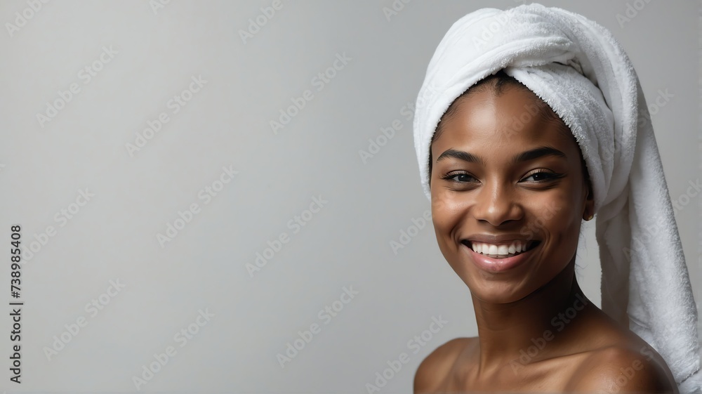 Portrait of smiling young black woman with white towel on head plain bright white background bright white studio lighting from Generative AI Portrait of smiling young black woman with white towel on head plain bright white background bright white studio lighting from Generative AI