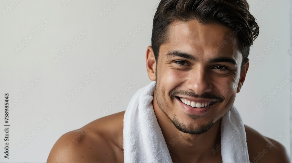 Portrait of smiling young hispanic man with white towel on head plain white background bright white studio lighting from Generative AI Portrait of smiling young hispanic man with white towel on head plain white background bright white studio lighting from Generative AI
