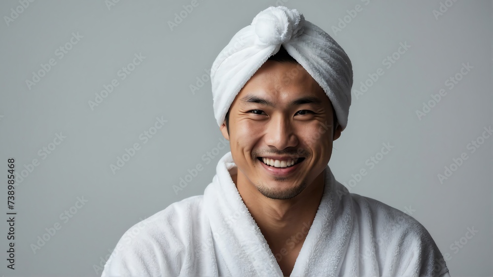 Portrait of smiling young japanese man with white towel on head plain bright white background, bright white studio lighting from Generative AI Portrait of smiling young japanese man with white towel on head plain bright white background, bright white studio lighting from Generative AI