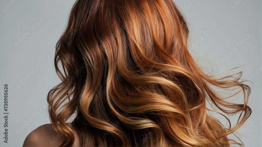 Back view of beautiful long shiny curly colorful hair of a woman on plain white background, hair products ad concept from Generative AI Back view of beautiful long shiny curly colorful hair of a woman on plain white background, hair products ad concept from Generative AI