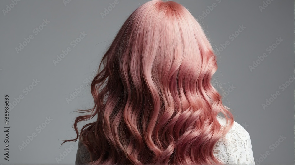 Fototapeta premium Back view of beautiful long shiny curly pink hair of a woman on plain white background, hair products ad concept from Generative AI