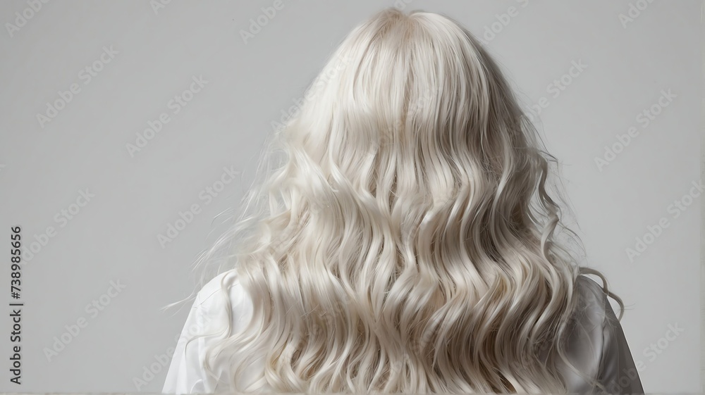 Naklejka premium Back view of beautiful long shiny curly white hair of a woman on plain white background, hair products ad concept from Generative AI