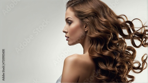 Back view of beautiful long shiny curly brown hair of a woman on plain white background, hair products ad concept from Generative AI