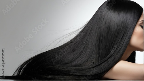 Back view of beautiful long shiny straight black hair of a woman on plain white background, hair products ad concept from Generative AI photo