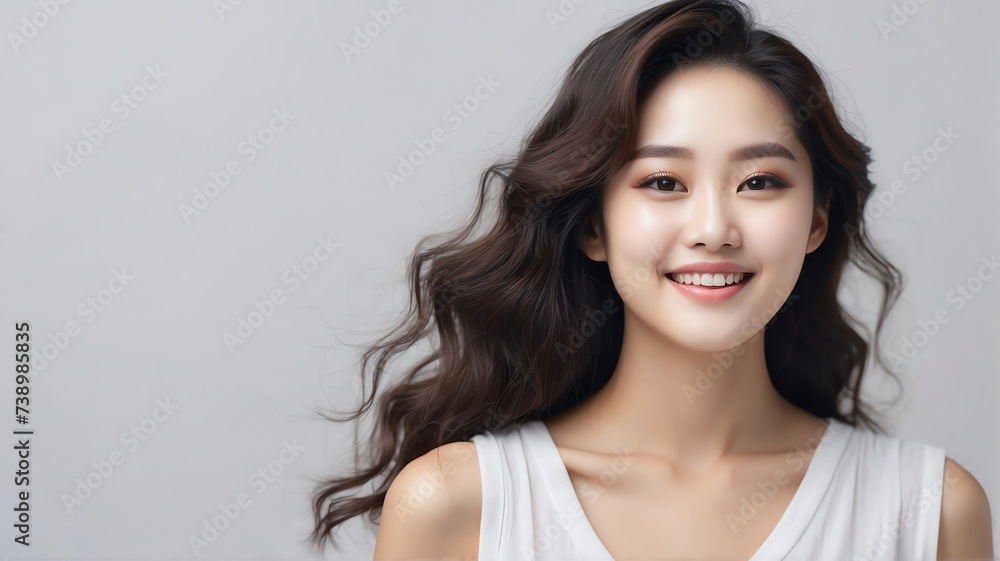 Beautiful happy smiling korean woman on plain bright white background for skin body care, beauty salon ad concept from Generative AI Beautiful happy smiling korean woman on plain bright white background for skin body care, beauty salon ad concept from Generative AI