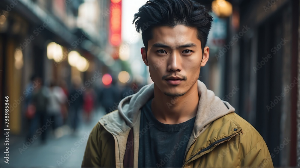 Handsome beautiful young chinese guy looking like an idol in casual street background from Generative AI Handsome beautiful young chinese guy looking like an idol in casual street background from Generative AI