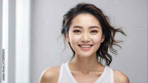 Beautiful happy smiling japanese woman on plain bright white background for skin body care  beauty salon ad concept from Generative AI