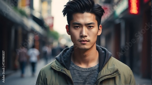 Handsome beautiful young chinese guy looking like an idol in casual street background from Generative AI photo