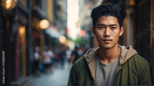 Handsome beautiful young asian guy looking like an idol in casual street background from Generative AI © Arceli