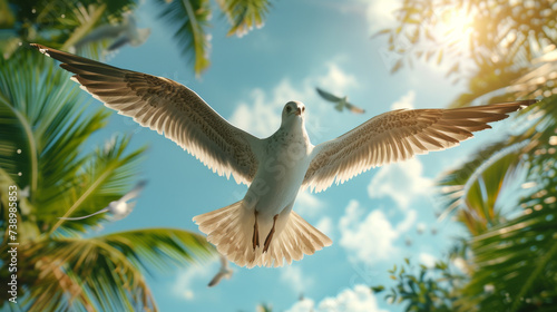 A white bird in the air in the Caribbean with palm trees in the background
