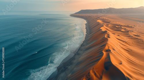 Sand dunes in a desert, right by the sea photo
